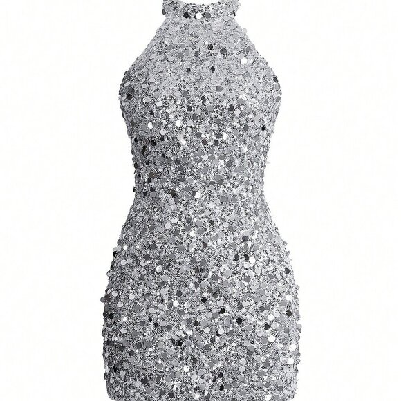 Silver Elegant Women's halter Collar Sexy Sleeveless ho9lidaySequin - Picture 6 of 11